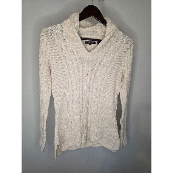 Jeanne Pierre Womens 100% Cotton Cable Knit Sweater Cream Shawl Collar Long Slee - Picture 5 of 10